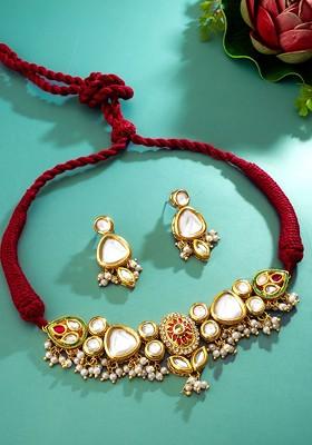 Gold Plated Stone Studded And Beaded Jewellery Set