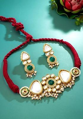 Gold Plated Stone Studded And Beaded Jewellery Set