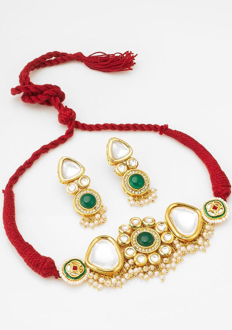 Gold Plated Stone Studded And Beaded Jewellery Set