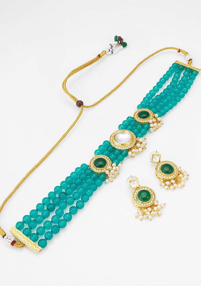 Gold Plated Kundan Studded And Beaded Jewellery Set