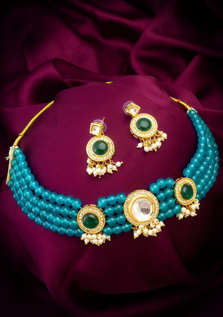 Gold Plated Kundan Studded And Beaded Jewellery Set - Indya