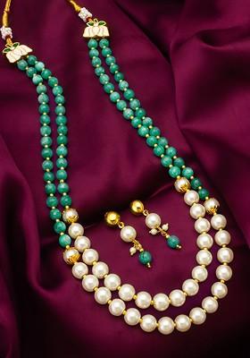 Gold Plated Stone Studded And Beaded Jewellery Set