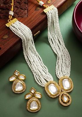 Gold Plated Kundan Studded And Beaded Jewellery Set - Indya