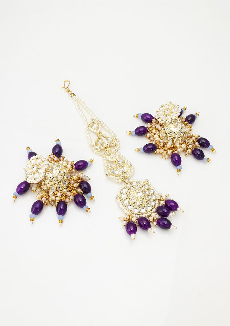 Stones Studded And Beaded Maang Tika And Earrings