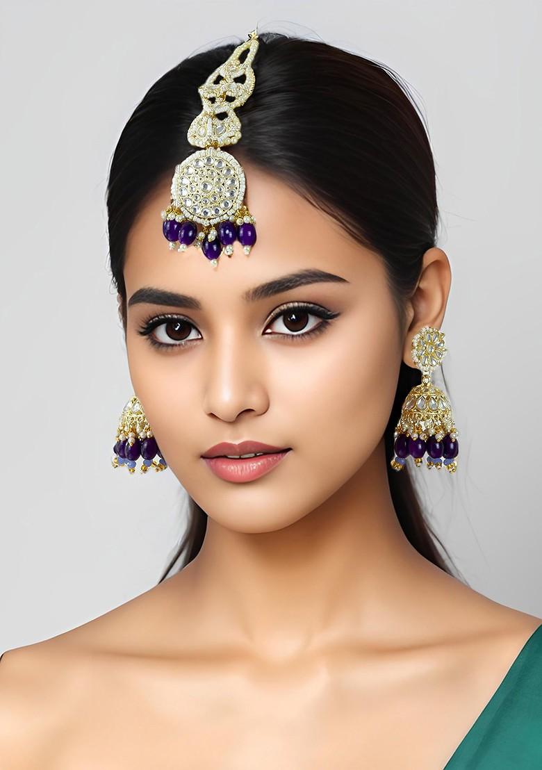 Stones Studded And Beaded Maang Tika And Earrings