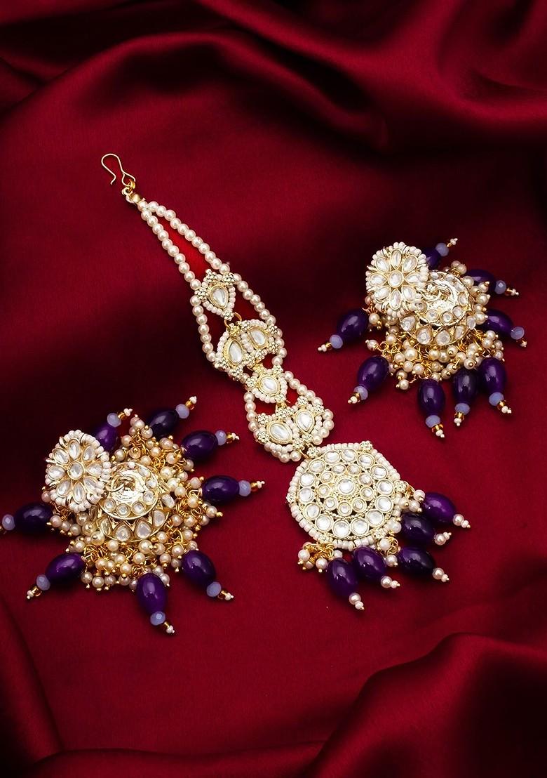 Stones Studded And Beaded Maang Tika And Earrings