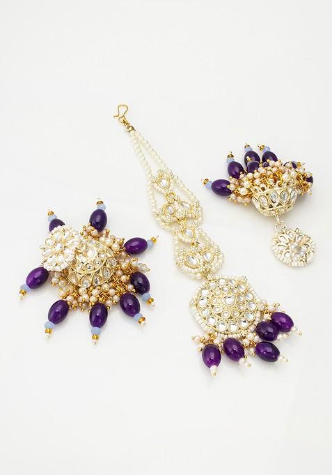 Stones Studded And Beaded Maang Tika And Earrings