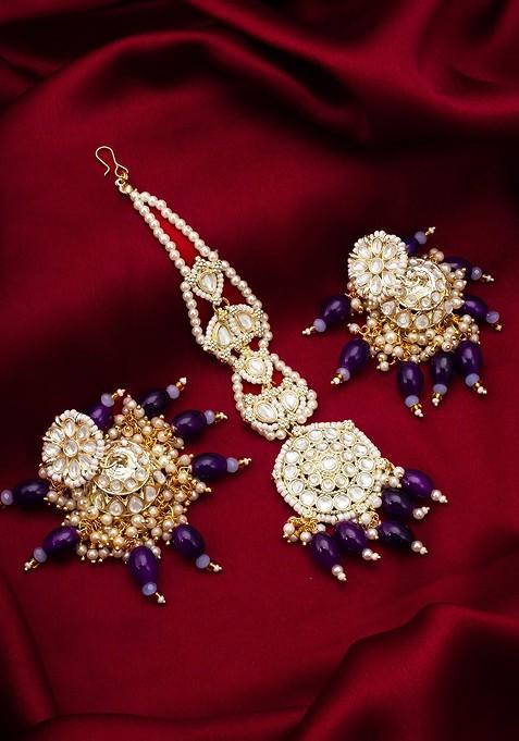 Stones Studded And Beaded Maang Tika And Earrings