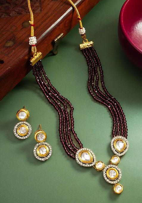 Gold Plated Kundan Studded And Beaded Jewellery Set