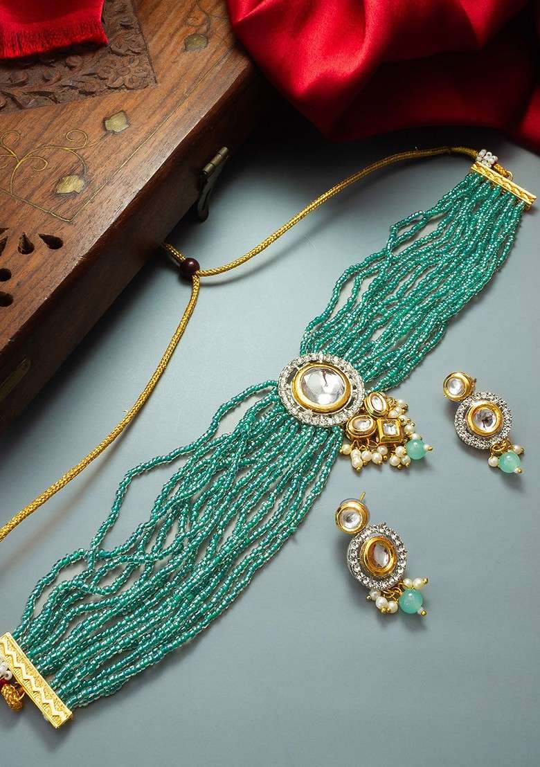 Gold Plated Kundan Studded And Beaded Jewellery Set - Indya