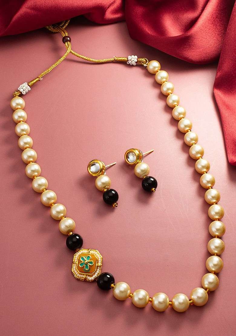Gold Plated Stone Studded And Pearl Beaded Necklace And Earrings - Indya