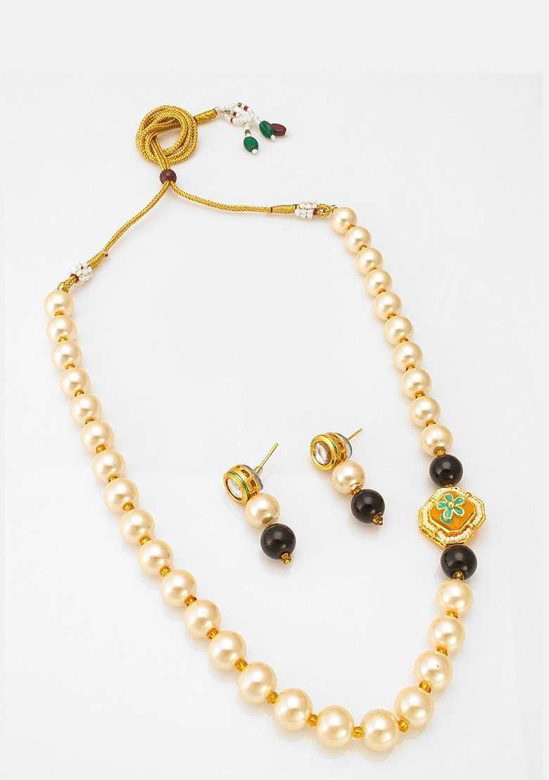 Gold Plated Stone Studded And Pearl Beaded Necklace And Earrings - Indya
