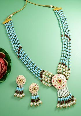 Gold Plated Stone Studded And Beaded Jewellery Set