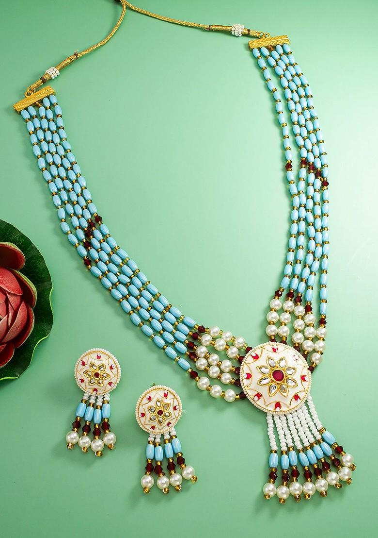 Gold Plated Stone Studded And Beaded Jewellery Set