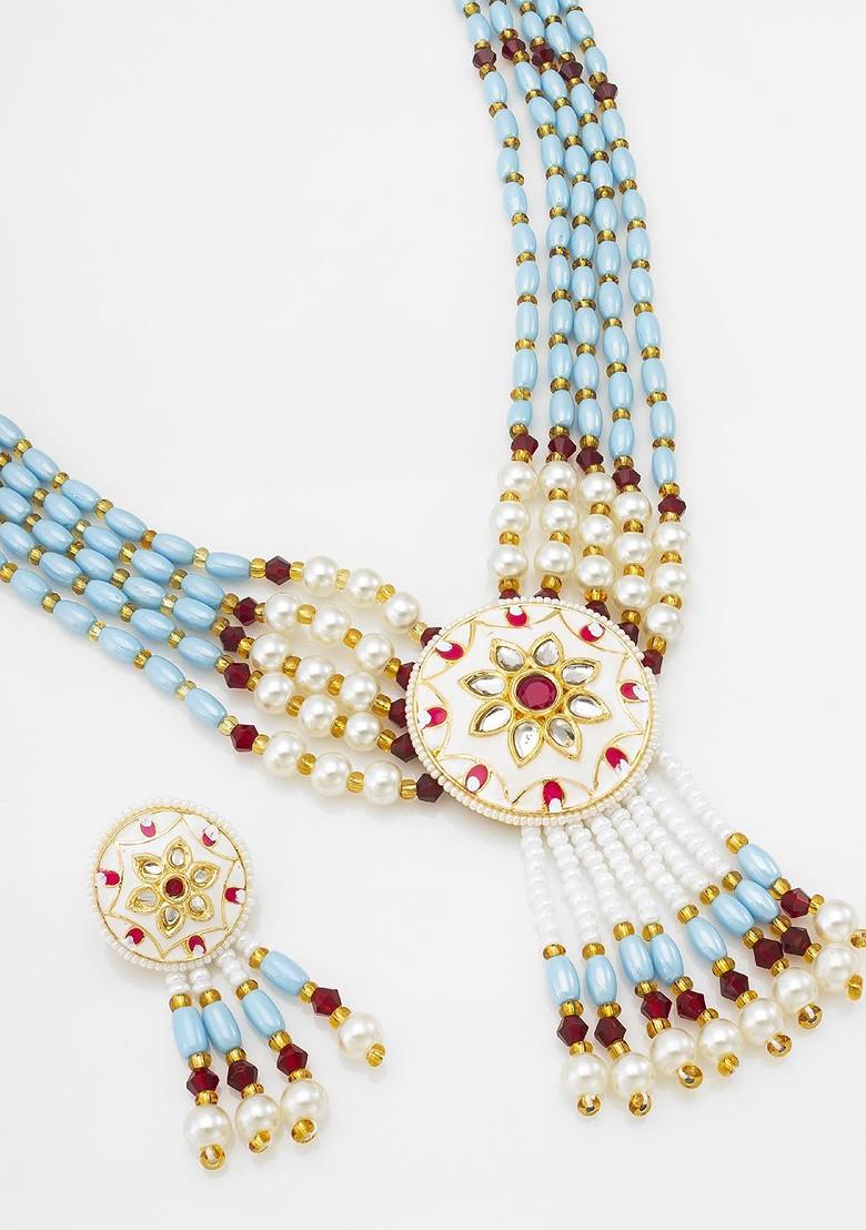 Gold Plated Stone Studded And Beaded Jewellery Set
