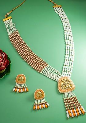 Gold Plated Stone Studded And Beaded Jewellery Set