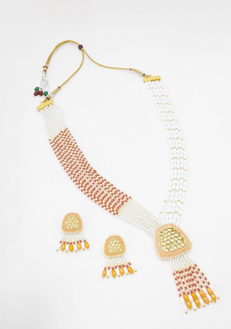 Gold Plated Stone Studded And Beaded Jewellery Set
