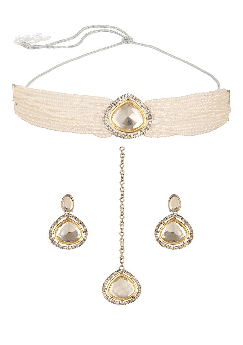 Multi Gold Platedaustrian Diamond Studded And Beaded Jewellery Set With Maangtikka