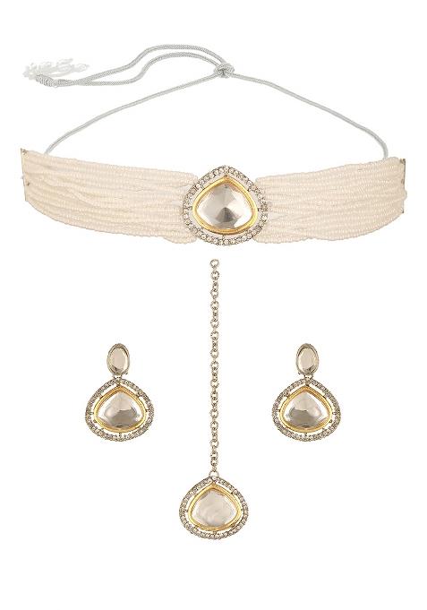 Multi Gold Platedaustrian Diamond Studded And Beaded Jewellery Set With Maangtikka