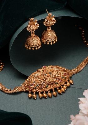 Gold Plated Kundan And Stone Studded Temple Choker Jewellery Set