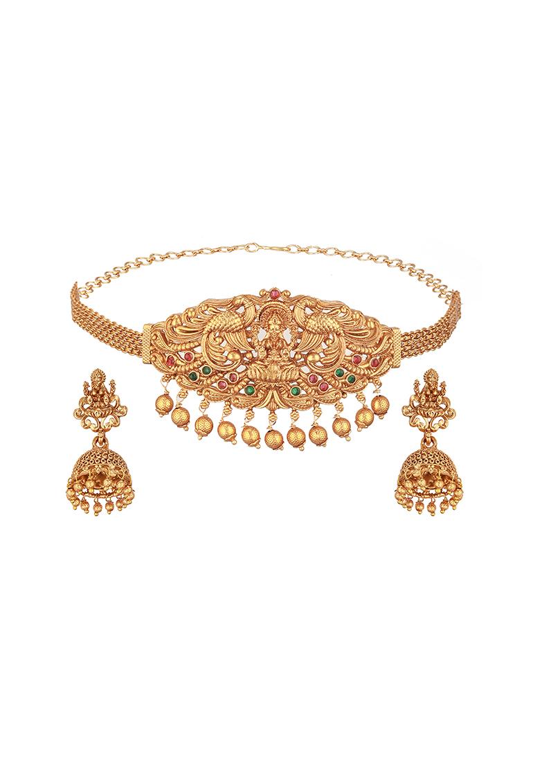 Gold Plated Kundan And Stone Studded Temple Choker Jewellery Set