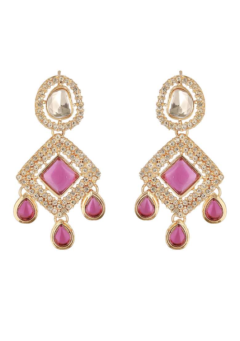 Maroon Gold Plated Pink Kundan Studded And Beaded Jewellery Set With Maangtikka - Indya