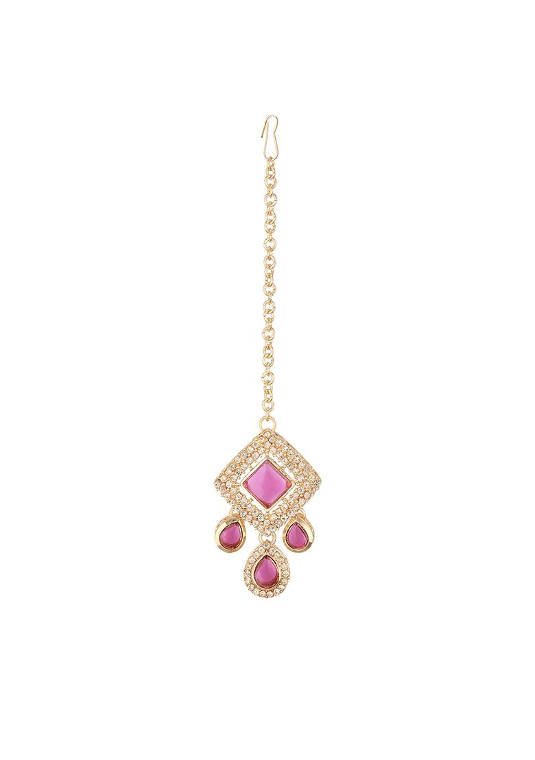 Maroon Gold Plated Pink Kundan Studded And Beaded Jewellery Set With Maangtikka