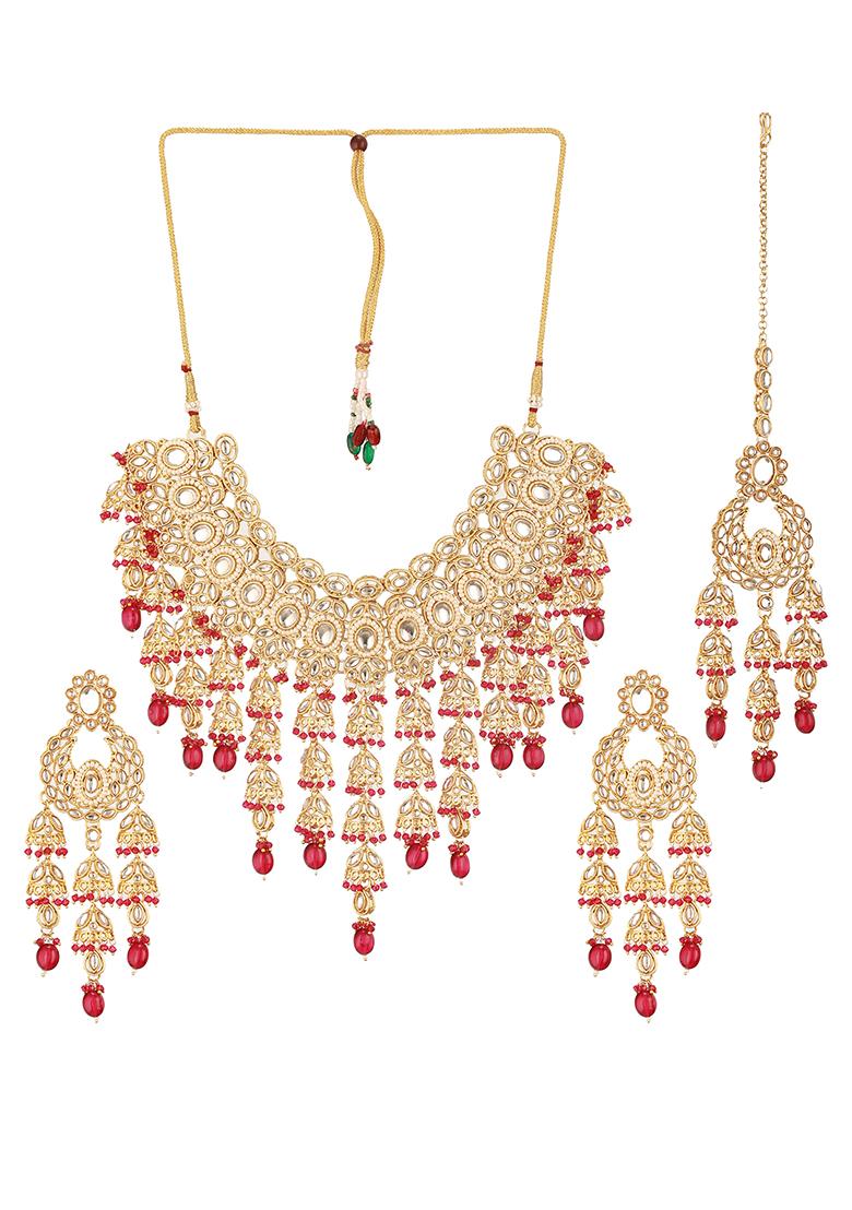 Maroon 18 K Gold Plated Red And White Kundan Studded And Beaded Handcrafted Jewellery Set With Maangtikka