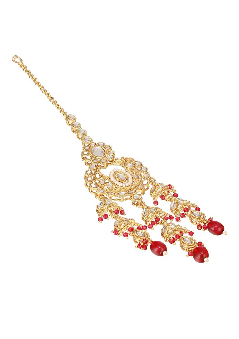 Maroon 18 K Gold Plated Red And White Kundan Studded And Beaded Handcrafted Jewellery Set With Maangtikka