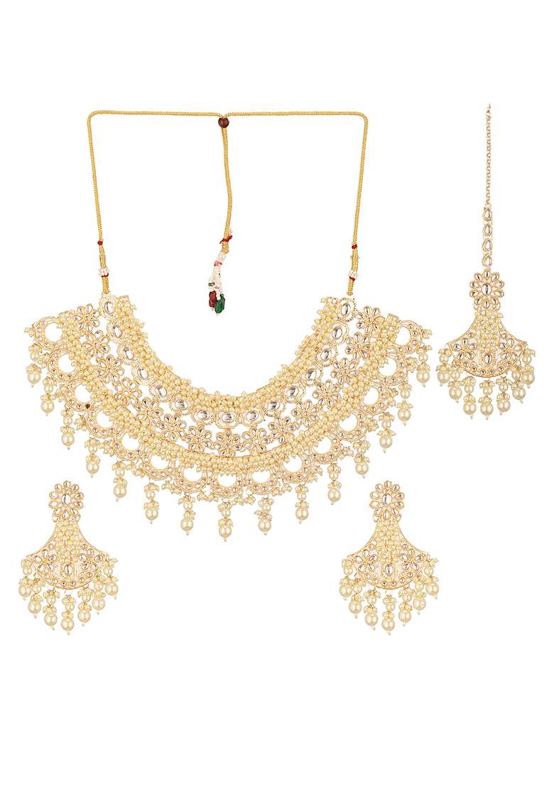 White Gold Plated Kundan Studded And Beaded Jewellery Set With Maangtikka - Indya