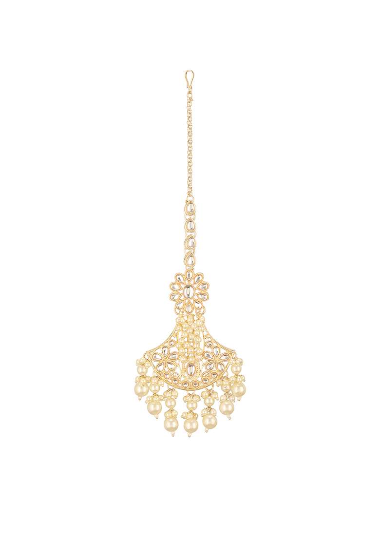 White Gold Plated Kundan Studded And Beaded Jewellery Set With Maangtikka - Indya