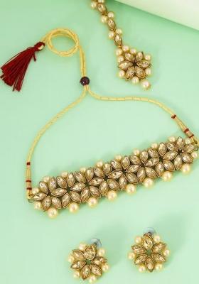 Golden Leaf Cream Beads Necklace Set For Women