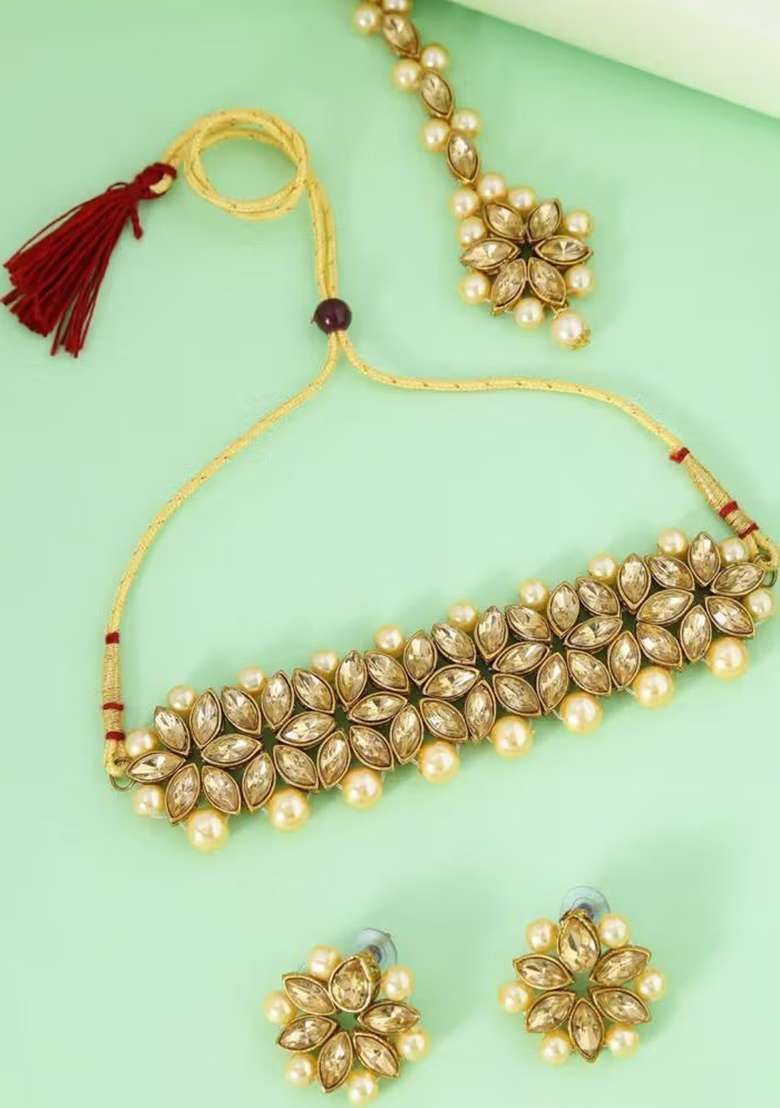Golden Leaf Cream Beads Necklace Set For Women - Indya