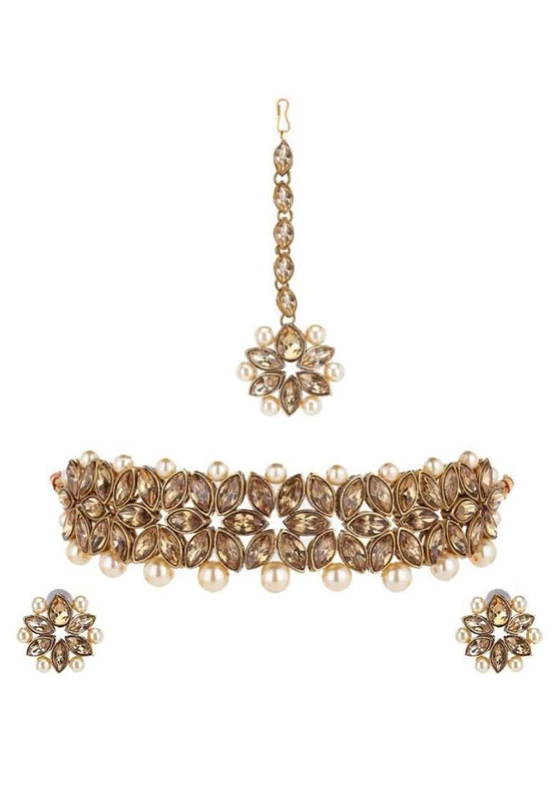 Golden Leaf Cream Beads Necklace Set For Women - Indya