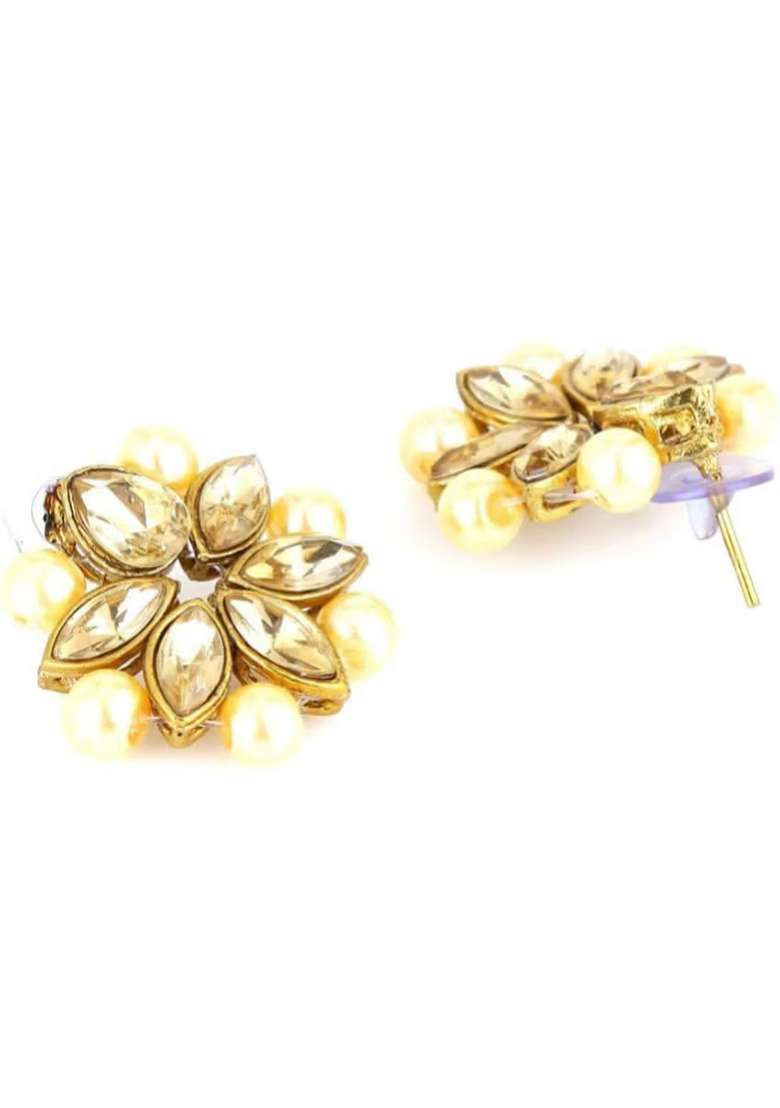 Golden Leaf Cream Beads Necklace Set For Women - Indya