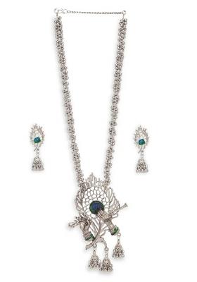 Silver Oxidised Morpankh Flute Necklace With Ghunghroo And Earrings For Women