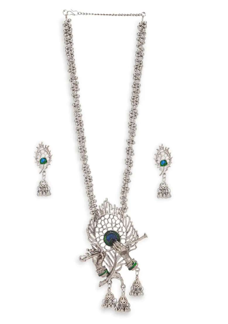 Silver Oxidised Morpankh Flute Necklace With Ghunghroo And Earrings For Women - Indya
