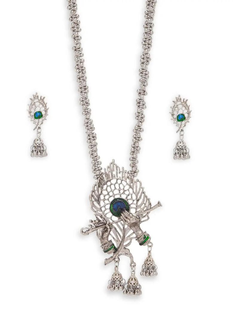 Silver Oxidised Morpankh Flute Necklace With Ghunghroo And Earrings For Women