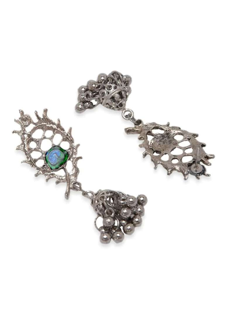 Silver Oxidised Morpankh Flute Necklace With Ghunghroo And Earrings For Women - Indya