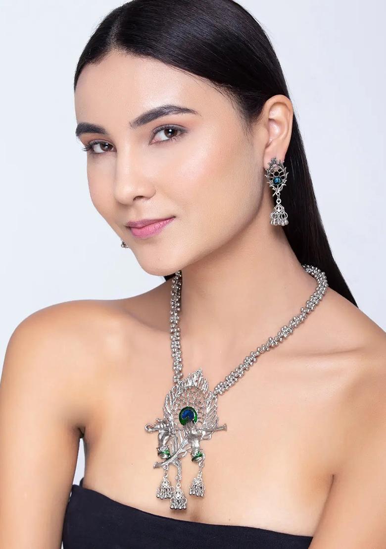 Silver Oxidised Morpankh Flute Necklace With Ghunghroo And Earrings For Women