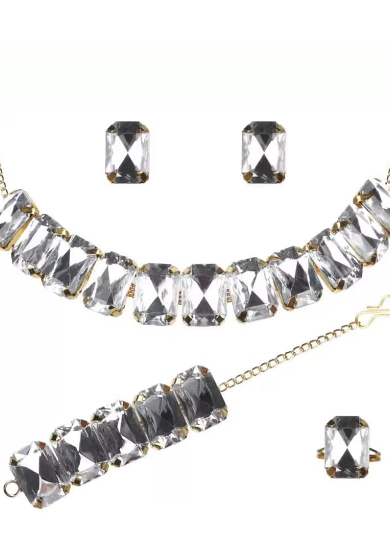 White Stone Long Necklace Set For Women