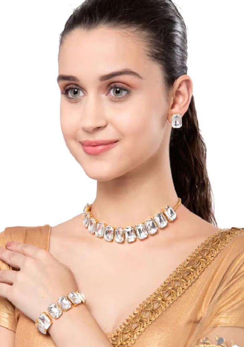 White Stone Long Necklace Set For Women