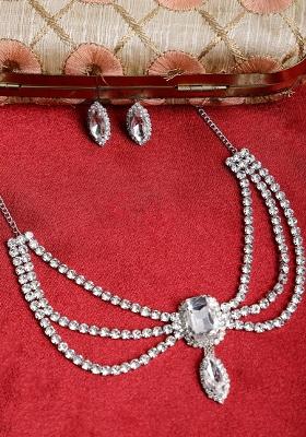 White 3 Layer Necklace With Square Center Stone For Women