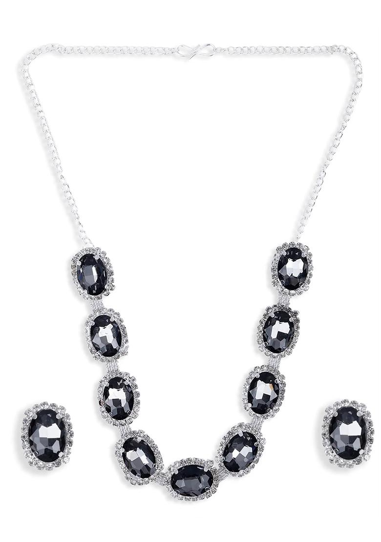 Black 9 Round Stone Ad Necklace Set For Women