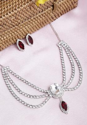 White And Maroon 3 Layer Necklace With Square Center Stone For Women