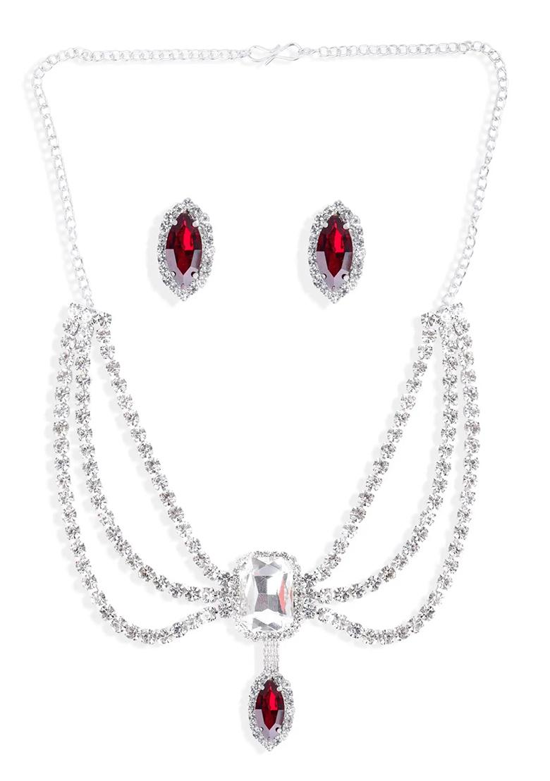 White And Maroon 3 Layer Necklace With Square Center Stone For Women