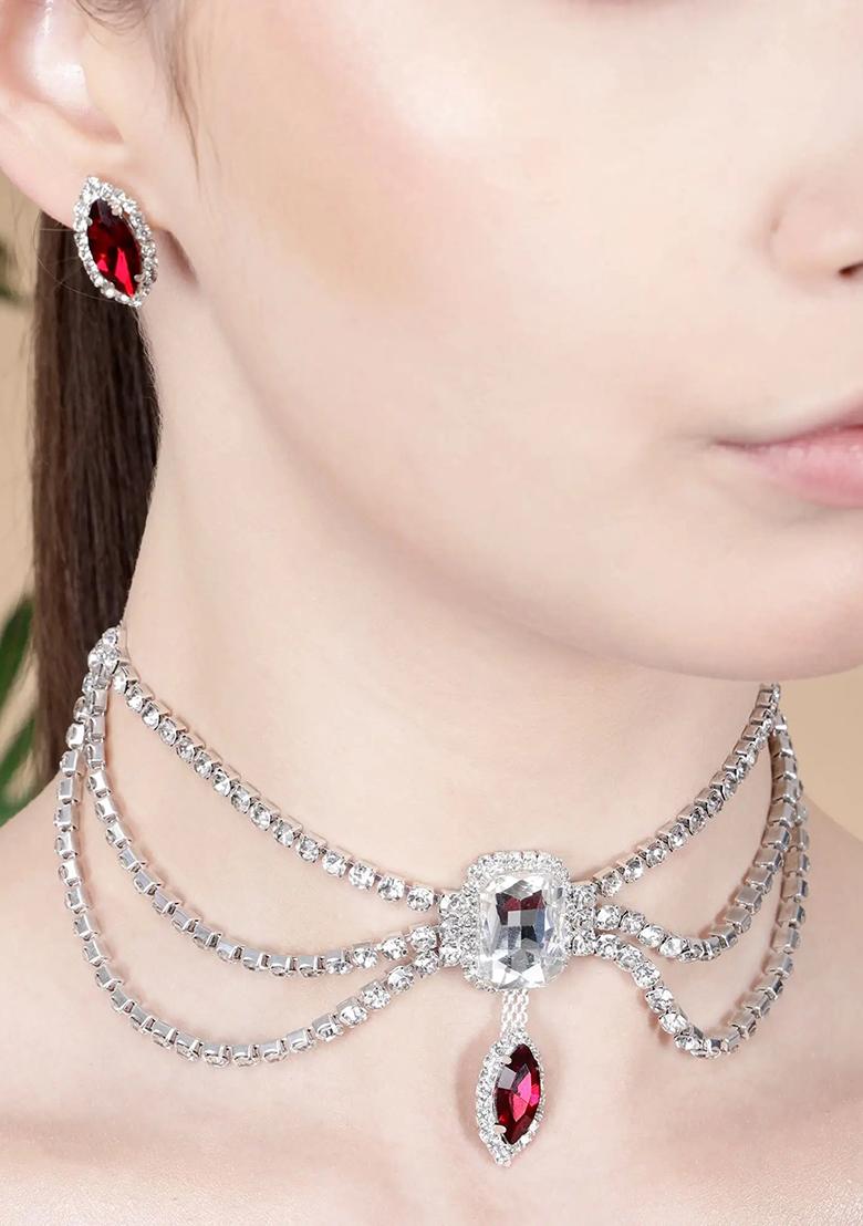 White And Maroon 3 Layer Necklace With Square Center Stone For Women