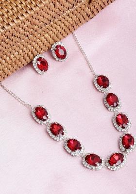 Red 9 Round Stone Ad Necklace Set For Women