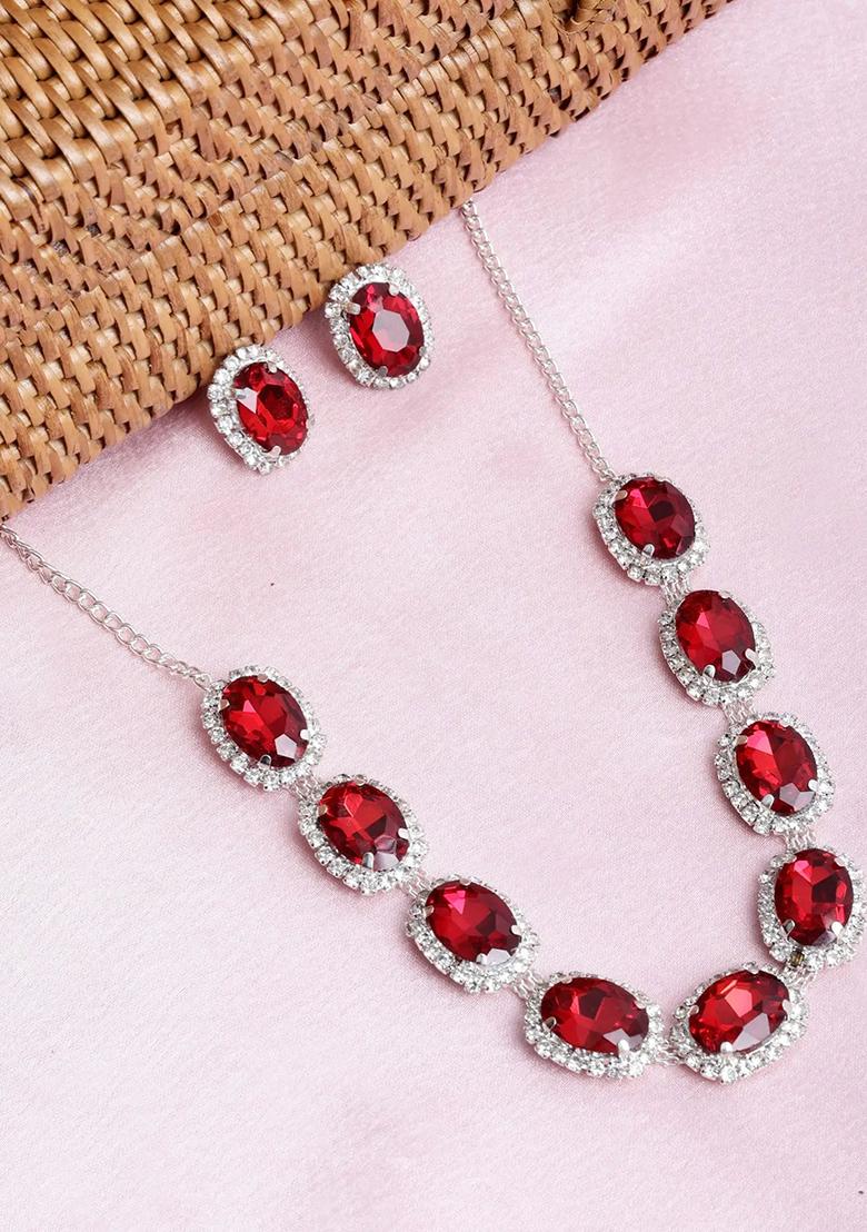 Red 9 Round Stone Ad Necklace Set For Women