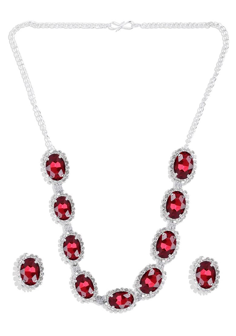 Red 9 Round Stone Ad Necklace Set For Women